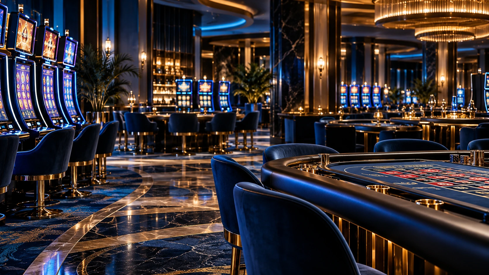 Illustrative premium casino interior with gaming tables and slot machines