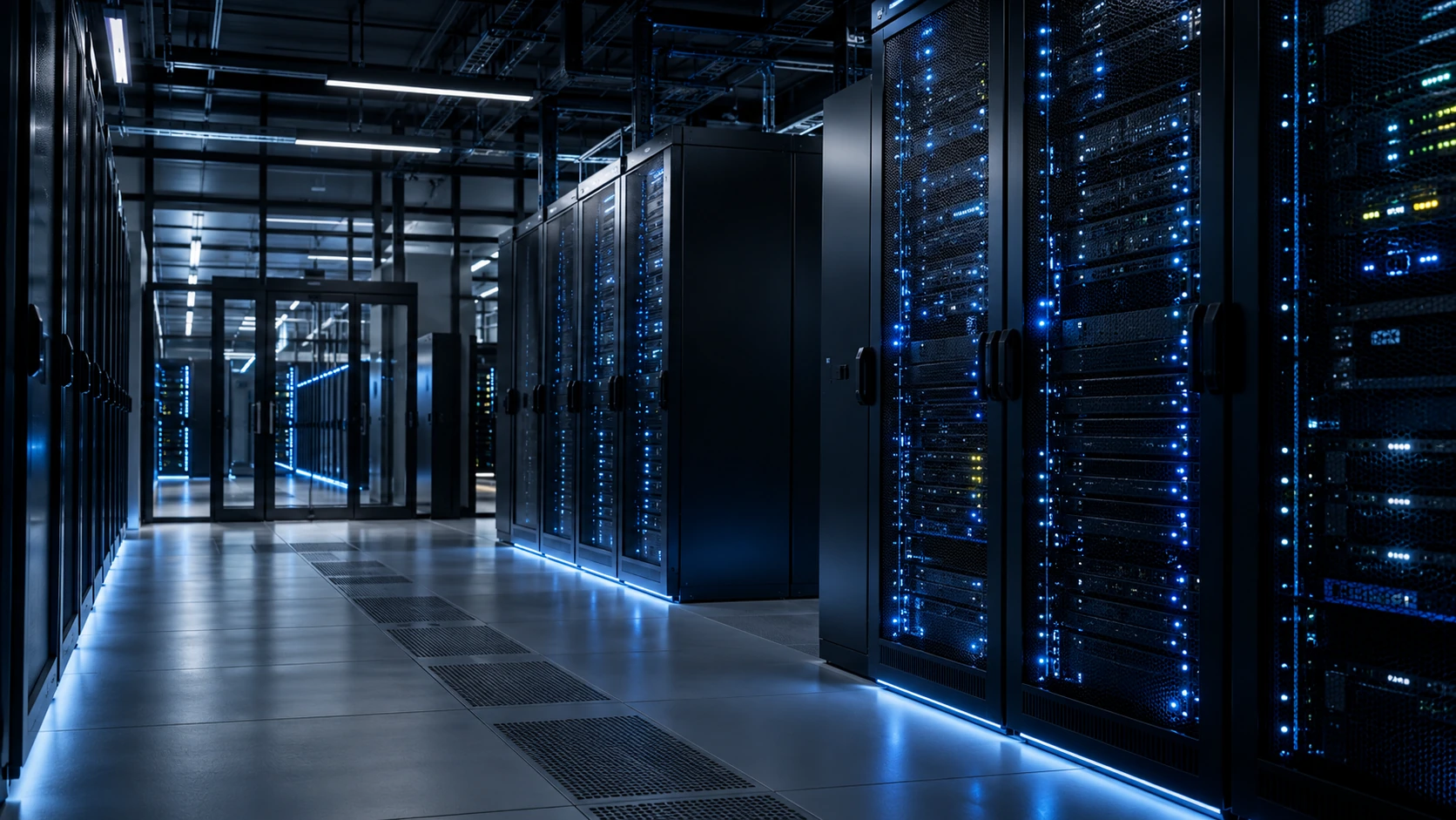 Illustrative modern high-security data center with blue-lit server racks