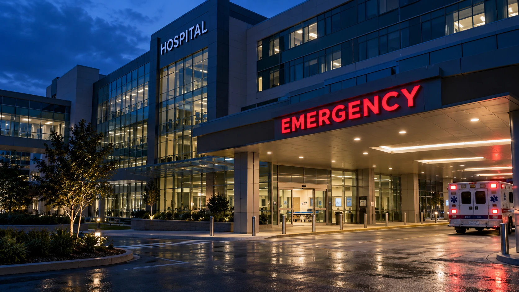 Illustrative hospital emergency entrance with clear HOSPITAL and EMERGENCY signage and ambulance