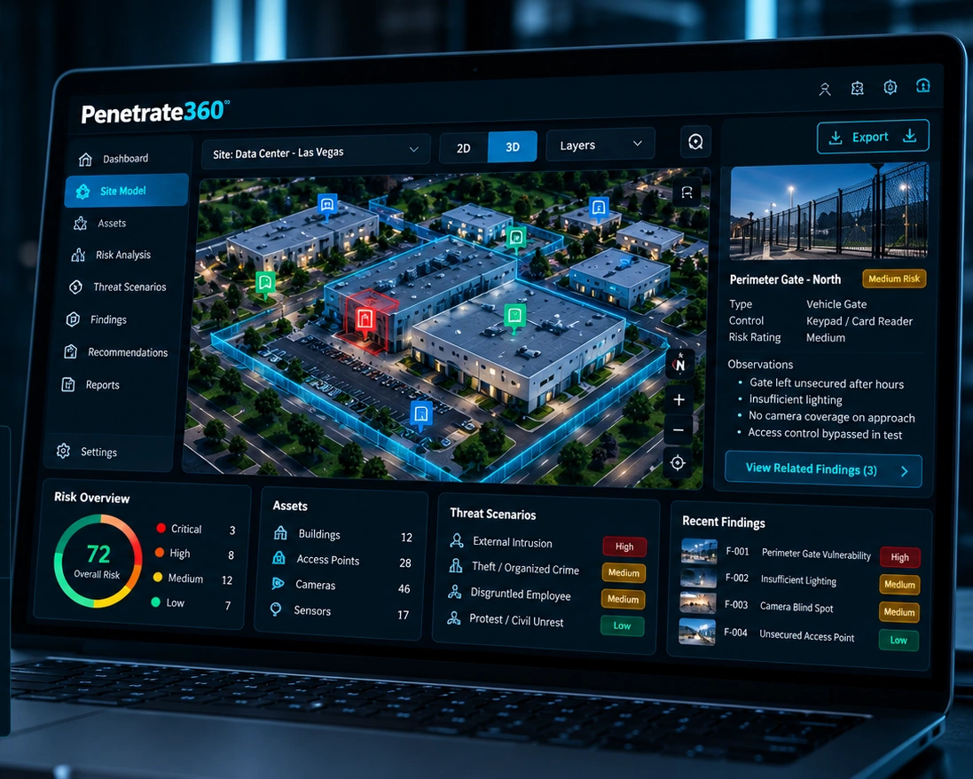 Penetrate360 internal platform dashboard showing a mapped facility, asset overlays and risk findings